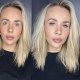 Mulher de cabelos loiros e olhos azuis mostra sua transformação antes e depois da maquiagem, com extensões de cílios.